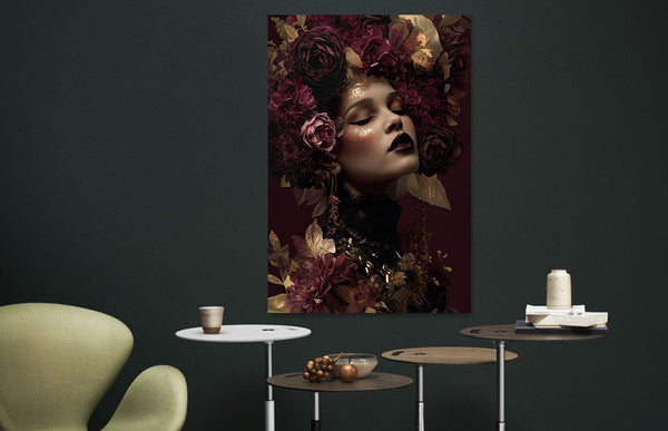 Glasschilderij Vrouw in paars/gouden bloemen 110x160 cm