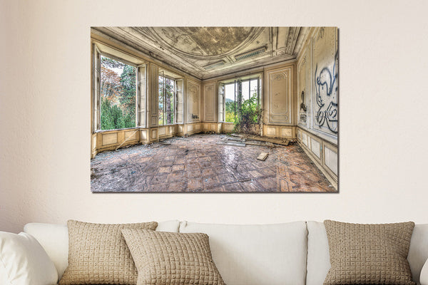 Glasschilderij  Vervallen eetkamer 120x80 cm (Magazijn sale)