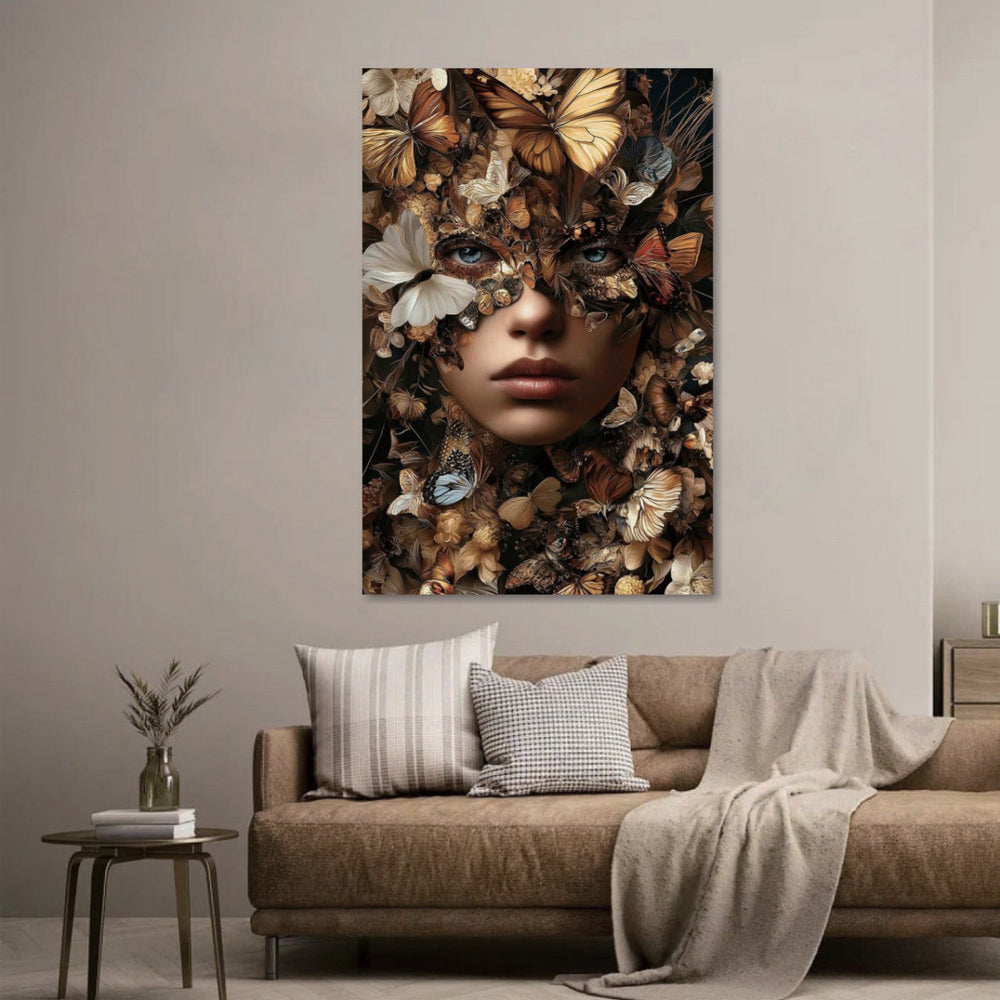 Glasschilderij  Vrouw in gouden vlinders 80x120 cm