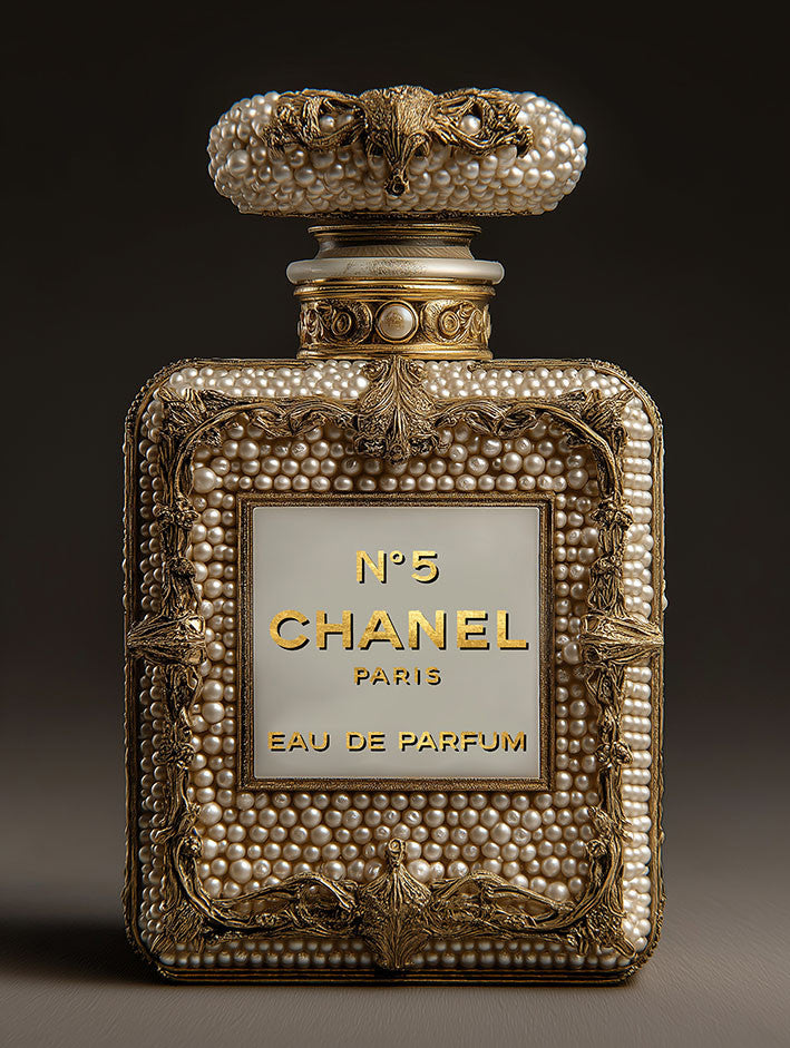 Glasschilderij met goudfolie  Parfum met kleine parels 60x80 cm