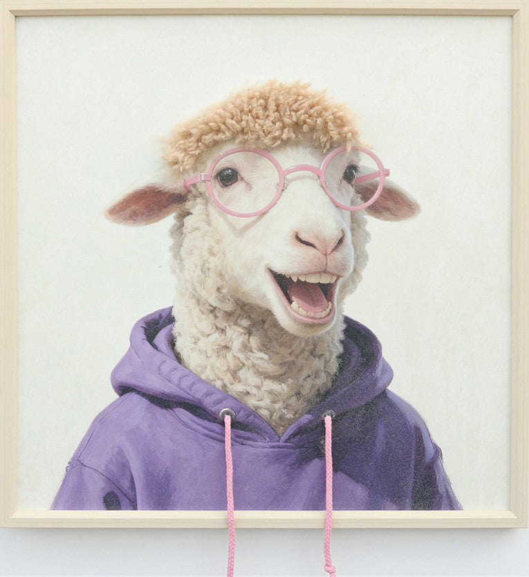 Aaibaar canvas schilderij met lijst & imitatie bont Schaap met trui 60x60 cm
