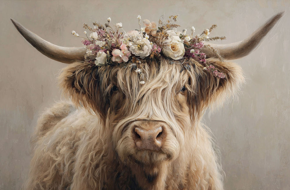 Glasschilderij Hooglander met bloemenkrans 160x110 cm