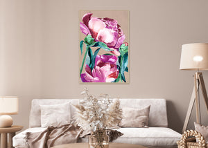 Canvas schilderij Handgeschilderd met lijst  'Roze bloemen'' 80x120 cm