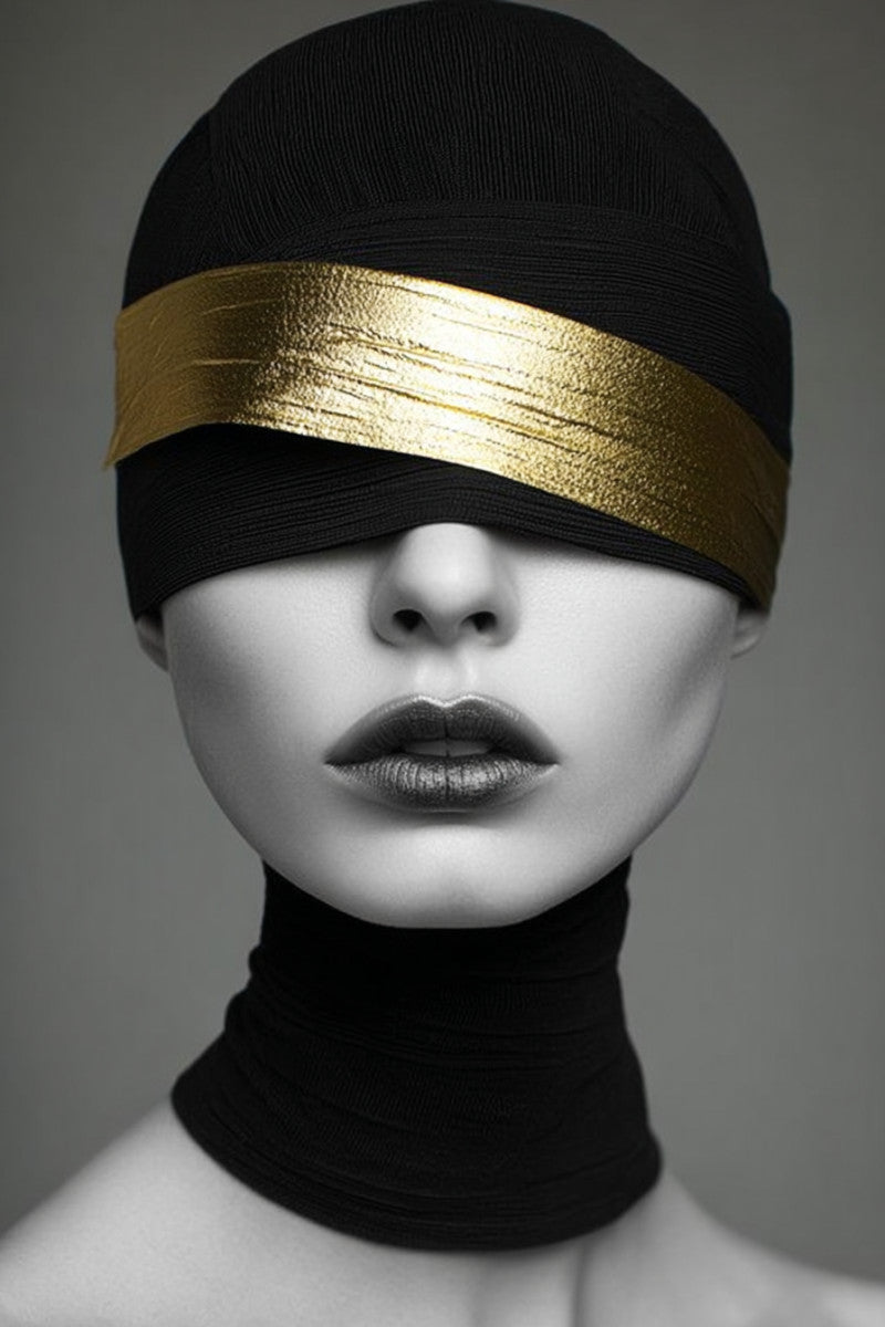 Glasschilderij Vrouw met zwarte muts en gouden hoofdband 80x120cm