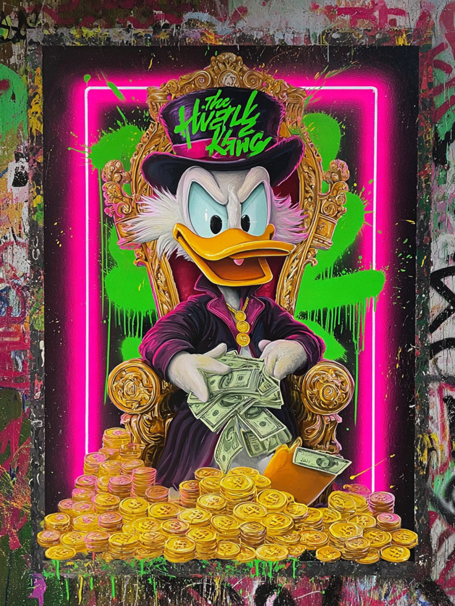 Glasschilderij met goudfolie  Eend op munten 60x80 cm