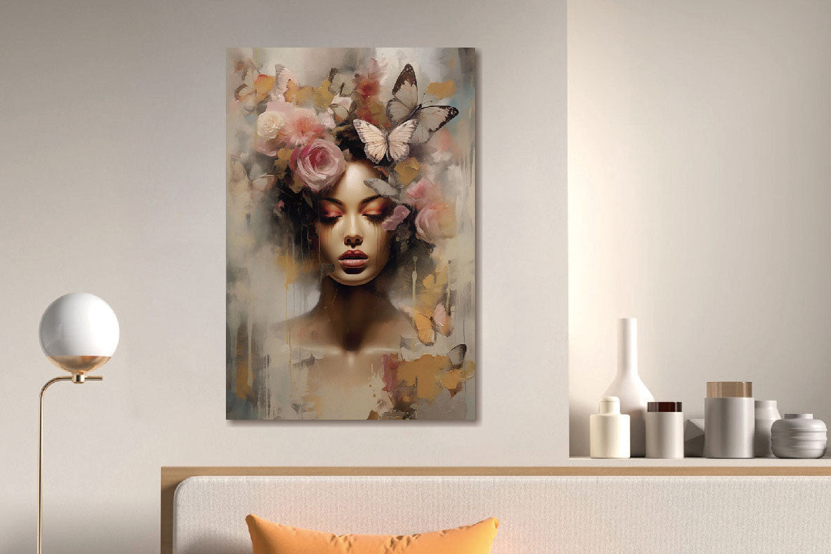 Glasschilderij  Vrouw met vlinders en bloemen 80x120 cm