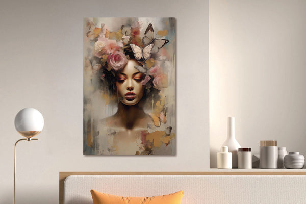 Glasschilderij  Vrouw met vlinders en bloemen 80x120 cm