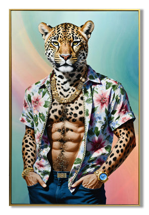 Canvas schilderij met lijst en glitters Panter sixpack  52x72 cm
