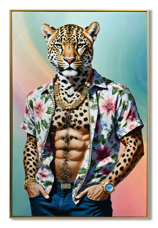 Canvas schilderij met lijst en glitters Panter sixpack  52x72 cm