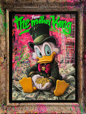 Glasschilderij met goudfolie Eend op biljetten 60x80 cm