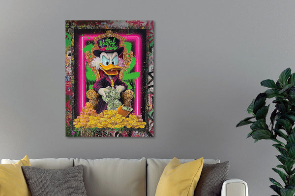 Glasschilderij met goudfolie  Eend op munten 60x80 cm