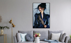 Canvas schilderij fluweel geprint met lijst  'Vrouw in blauwe jurk' 83x123 cm (Magazijn sale)