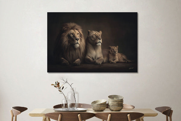 Glasschilderij  Liggende leeuwenfamilie 120x80 cm
