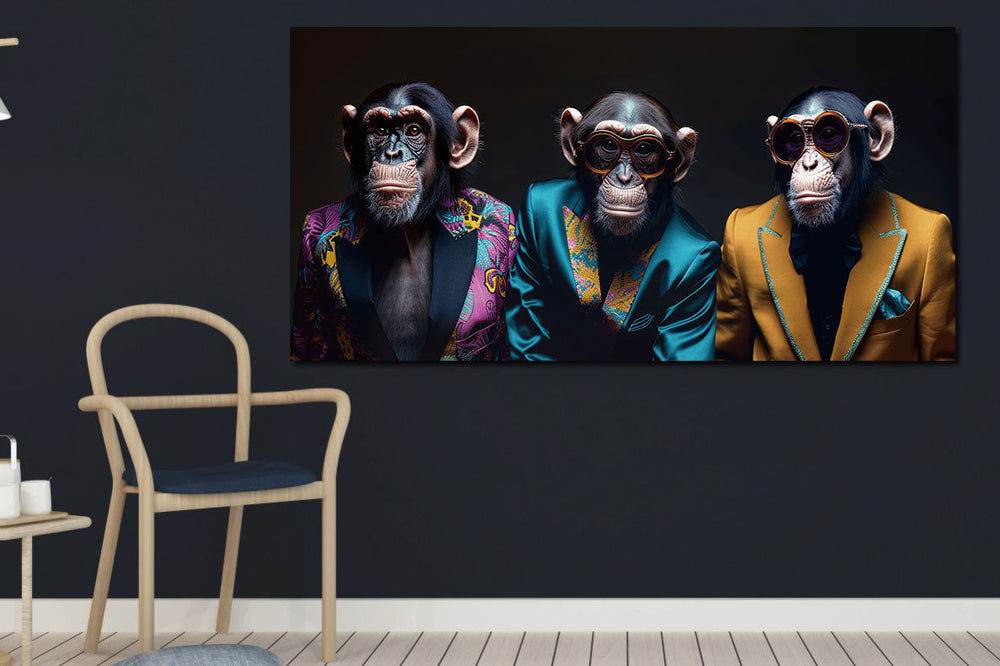Glasschilderij  3 apen in pak 160x80 cm