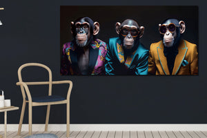 Glasschilderij  3 apen in pak 160x80 cm