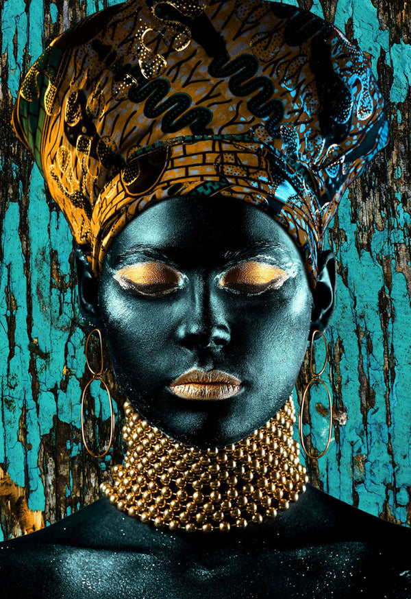 Glasschilderij Vrouw met gouden hoofddoek 110x160cm
