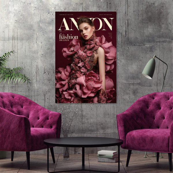 Glasschilderij Modeblad met roze jurk 80x120cm
