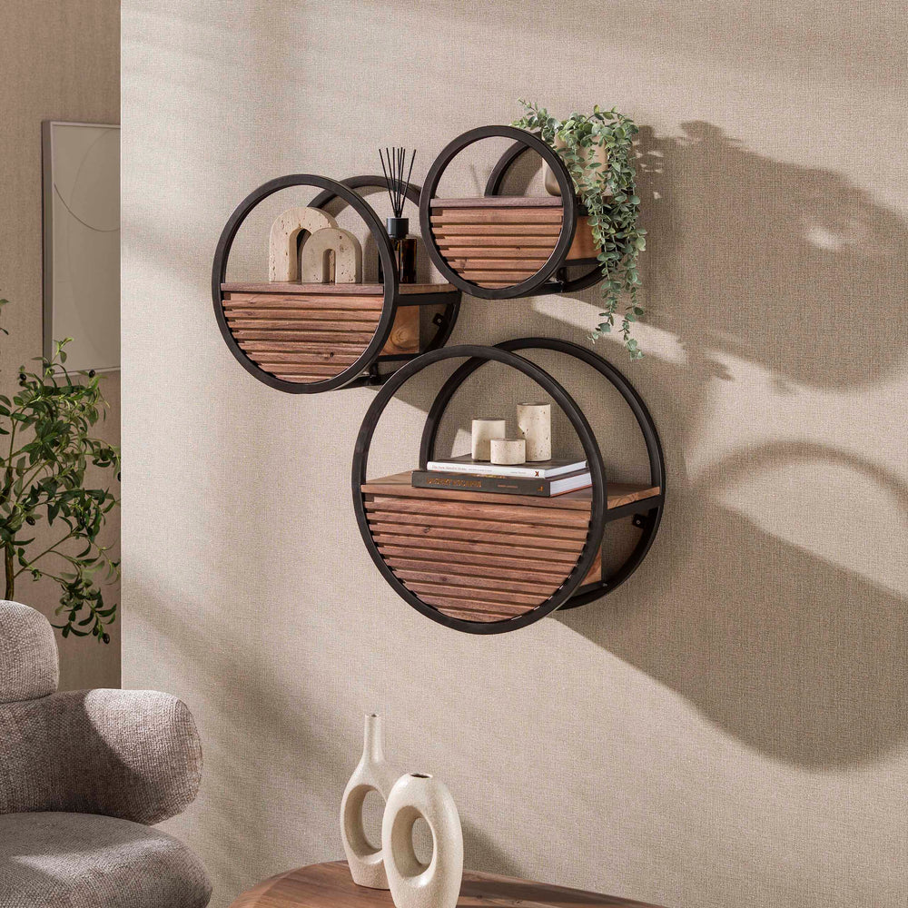 Wandschap set 3 stuks Circular 1 lade Ø30,40 &50 cm / Massief acacia bruin
