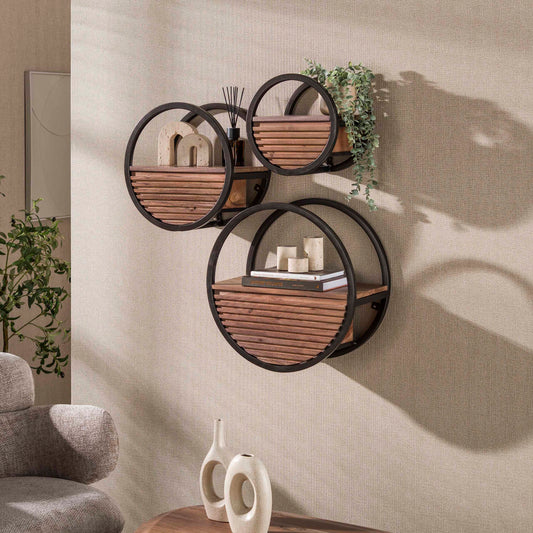Wandschap set 3 stuks Circular 1 lade Ø30,40 &50 cm / Massief acacia bruin