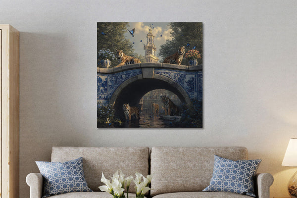 Glasschilderij Blauwe brug met tijgers 1 80x80 cm