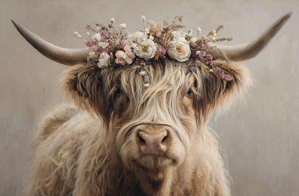 Glasschilderij  Hooglander met bloemenkrans 120x80cm