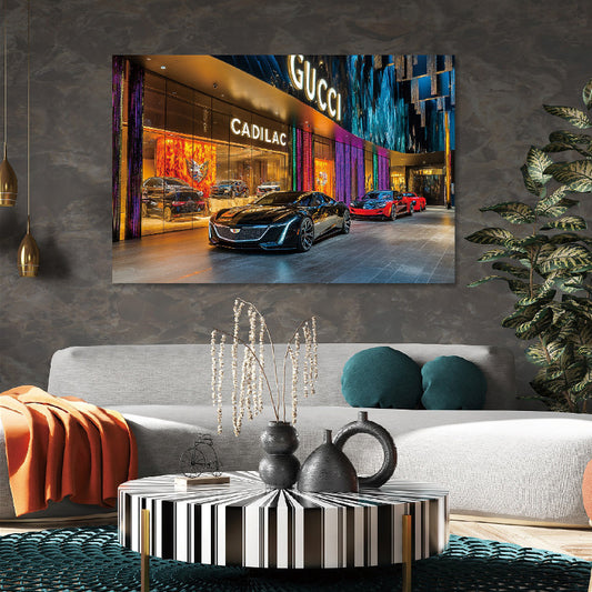 Glasschilderij  Sportwagens in winkelcentrum 120x80 cm (Magazijn sale)