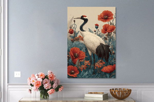Glasschilderij  Kraanvogel tussen de rode bloemen 80x120 cm