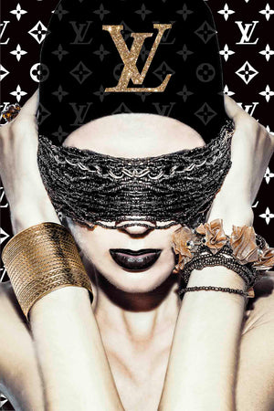 Glasschilderij fashion vrouw LV blinddoek 80x120 cm