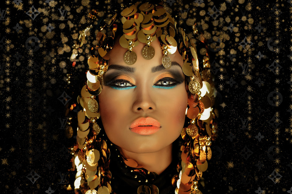 Glasschilderij Arabische vrouw gouden versiering 150x100 cm