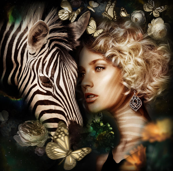 Glasschilderij vrouw en zebra 100x100 cm