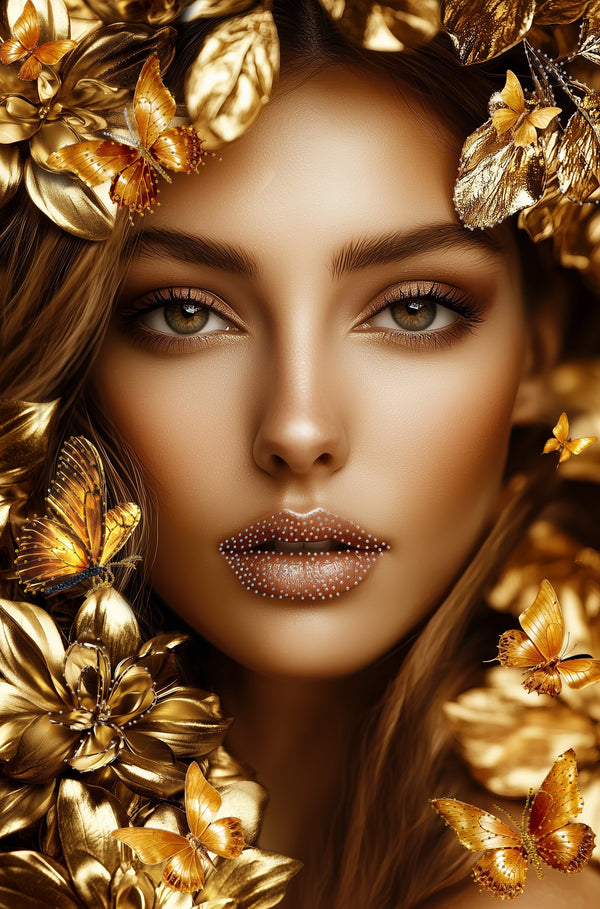 Glasschilderij vrouw gouden vlinders met strass steentjes 80x120 cm