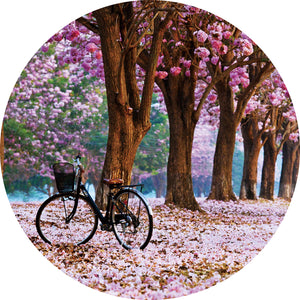 Glasschilderij rond fiets onder bloesem bomen Ø80 cm (magazijn sale)