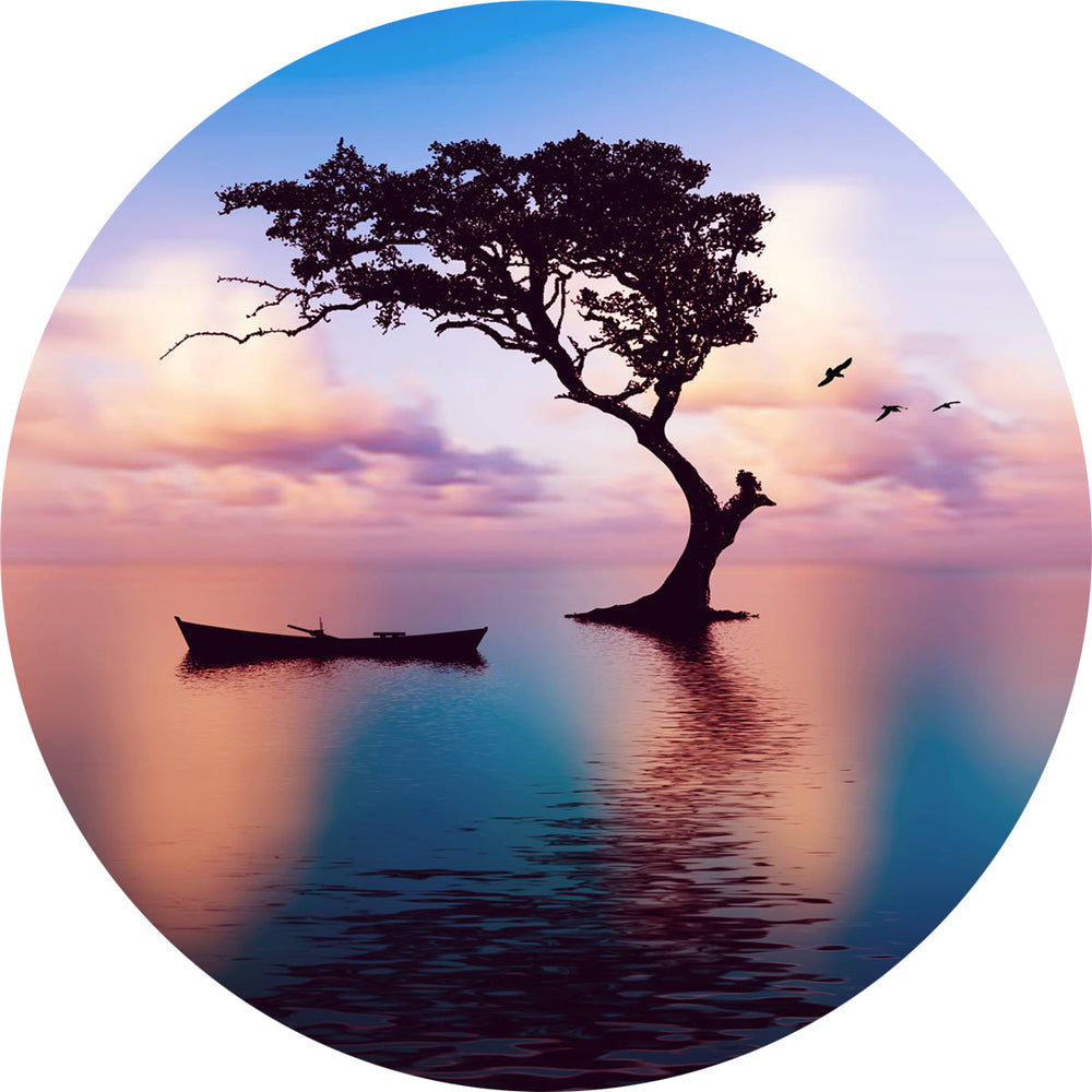 Glasschilderij boom en boot in meer Ø100 cm