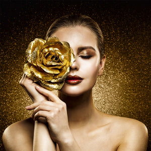 Glasschilderij vrouw gouden roos 80x80 cm