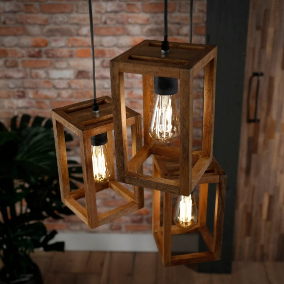 Hanglamp 3x houten frame getrapt