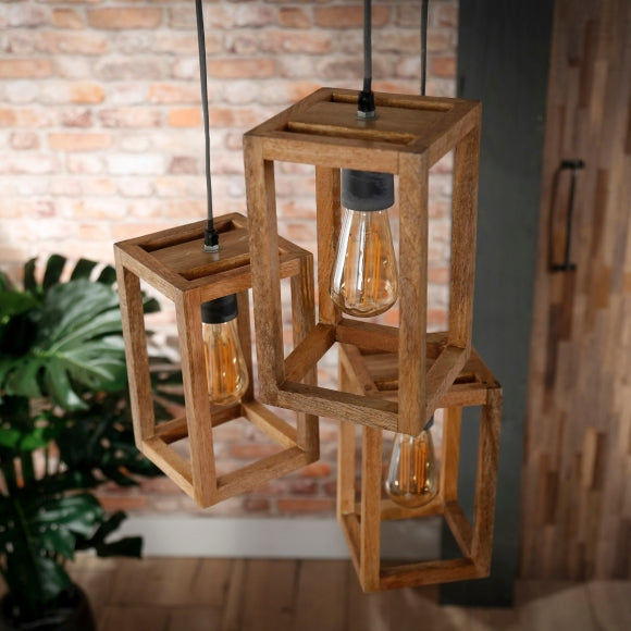 Hanglamp 3x houten frame getrapt