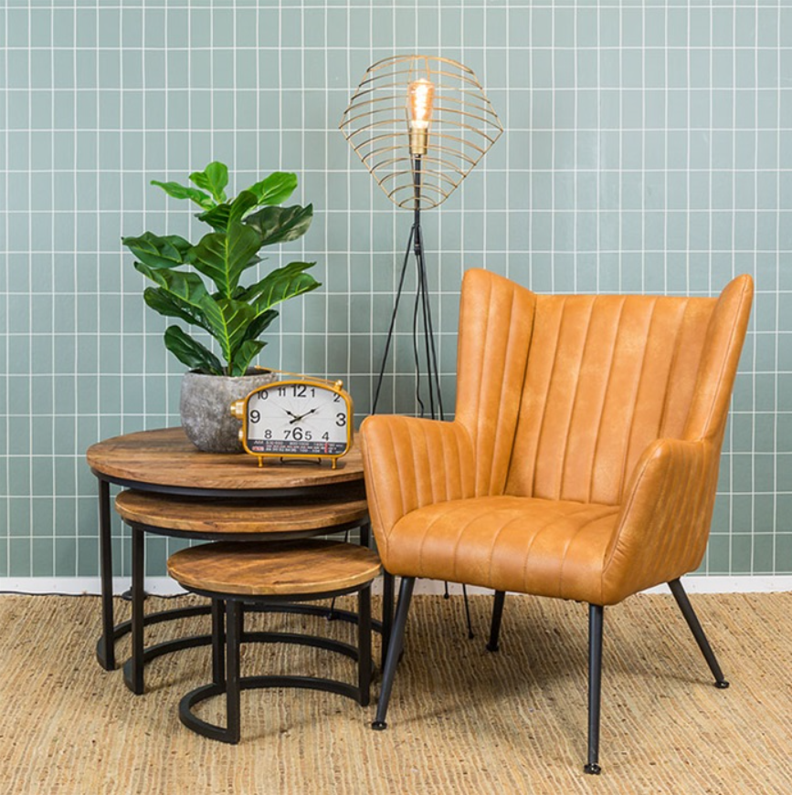 Fauteuil Foley met arm kunstleder - leverbaar in dark grey & cognac