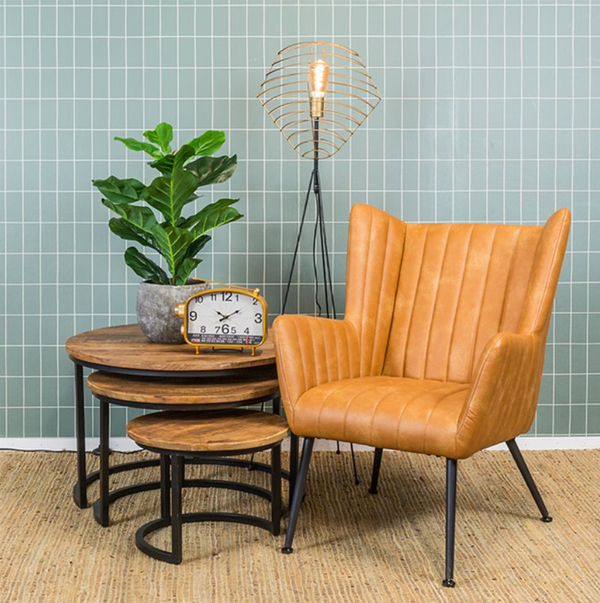 Fauteuil Foley met arm kunstleder - leverbaar in dark grey & cognac