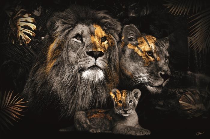 Glasschilderij leeuw + welpje goud - 120x80 cm