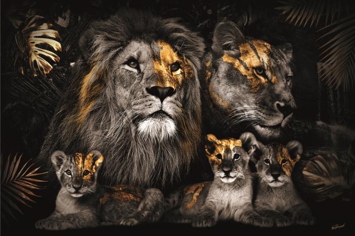 Glasschilderij leeuw + drie welpjes goud - 120x80 cm