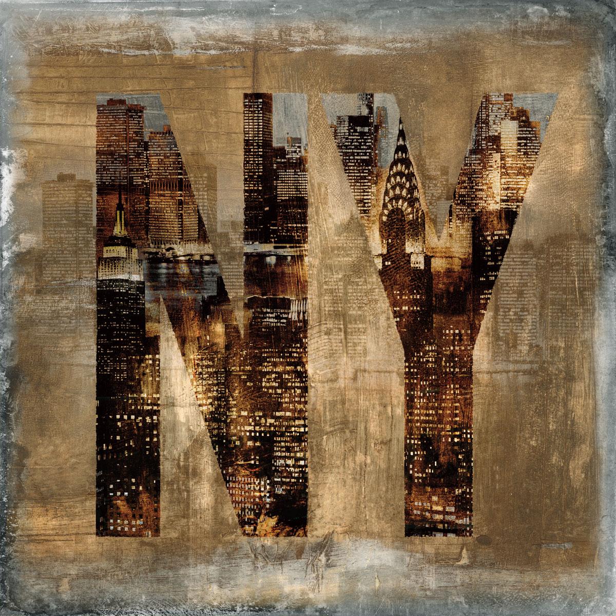 Glasschilderij New York met goudfolie 100x100 cm