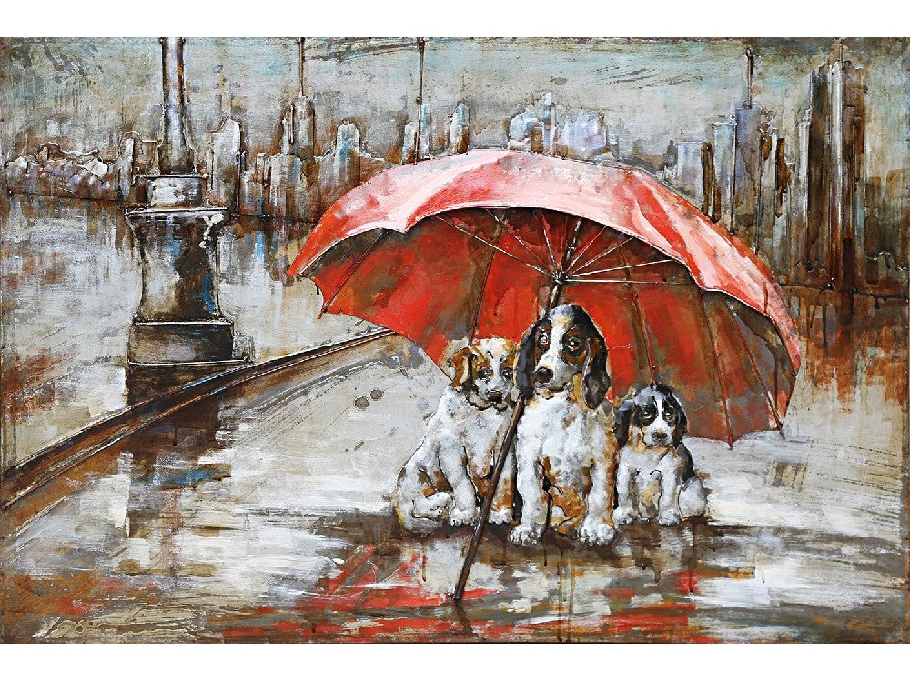 3D schilderij hondjes onder paraplu 120x80 cm