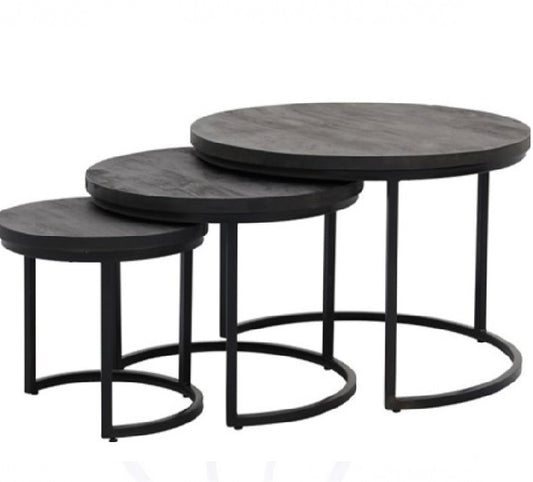 Salontafel set/3 Enzo mango hout extra dik blad - zwart (Magazijn sale)